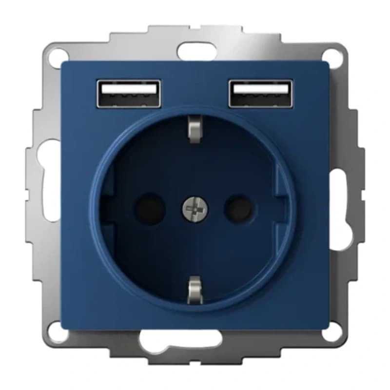 Розетка с заземлением Atlasdesign 16А+2USB A+A, 5В/2,4А белый, аквамарин