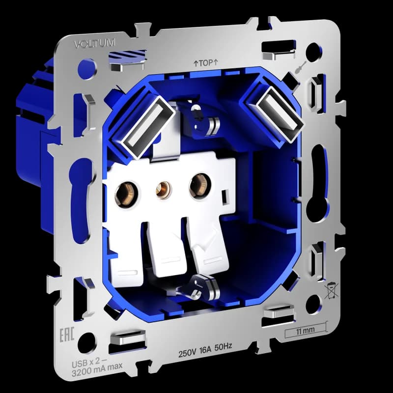 Механизм розетки с заземлением и защитными шторками 16А, с USB A+A, S70