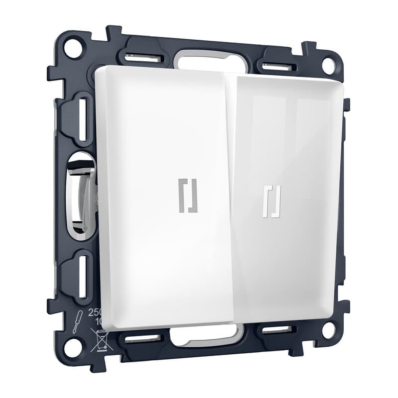 Комплект механизма 2-кл выключателя с самовозвратом с подсветкой 5600K ALFA Белый глянец QUANT (AP1040, VM129, G14W)