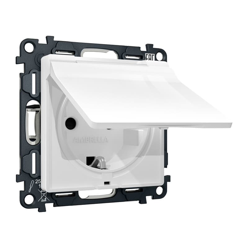 Комплект механизма электрической розетки ALFA Белый глянец с/з с шторками и крышкой IP44 QUANT (AP1080, VM141)