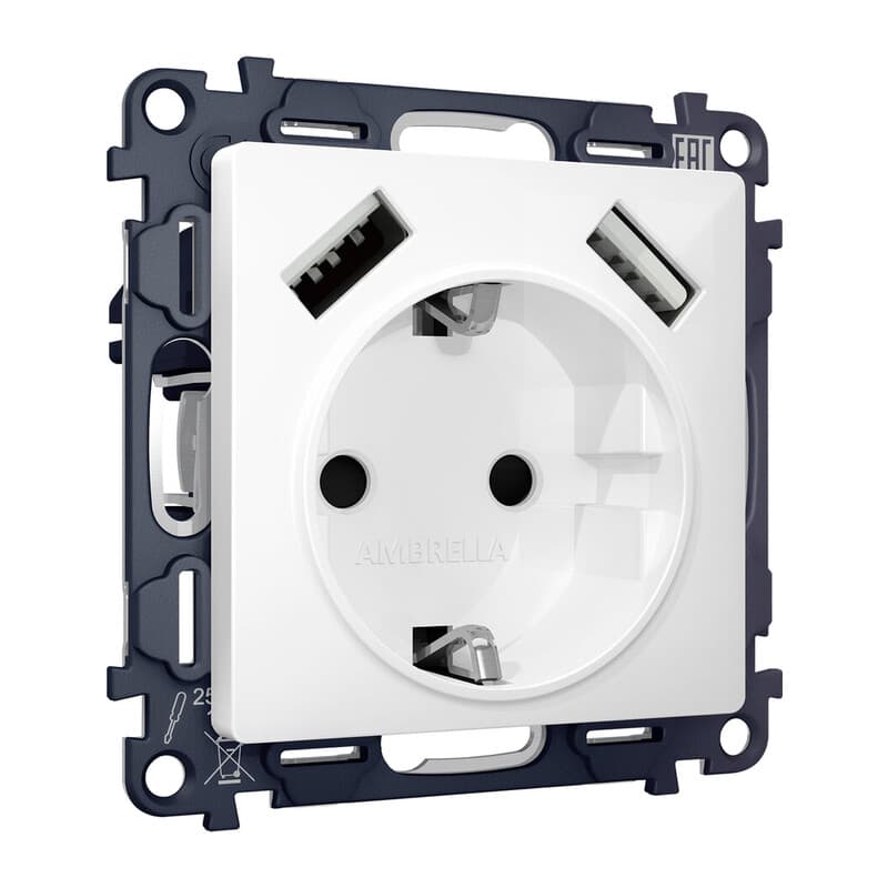 Комплект механизма электрической розетки ALFA Белый глянец 2USB A+A 18W (быстрая зарядка) с/з QUANT (AP1090, VM155)