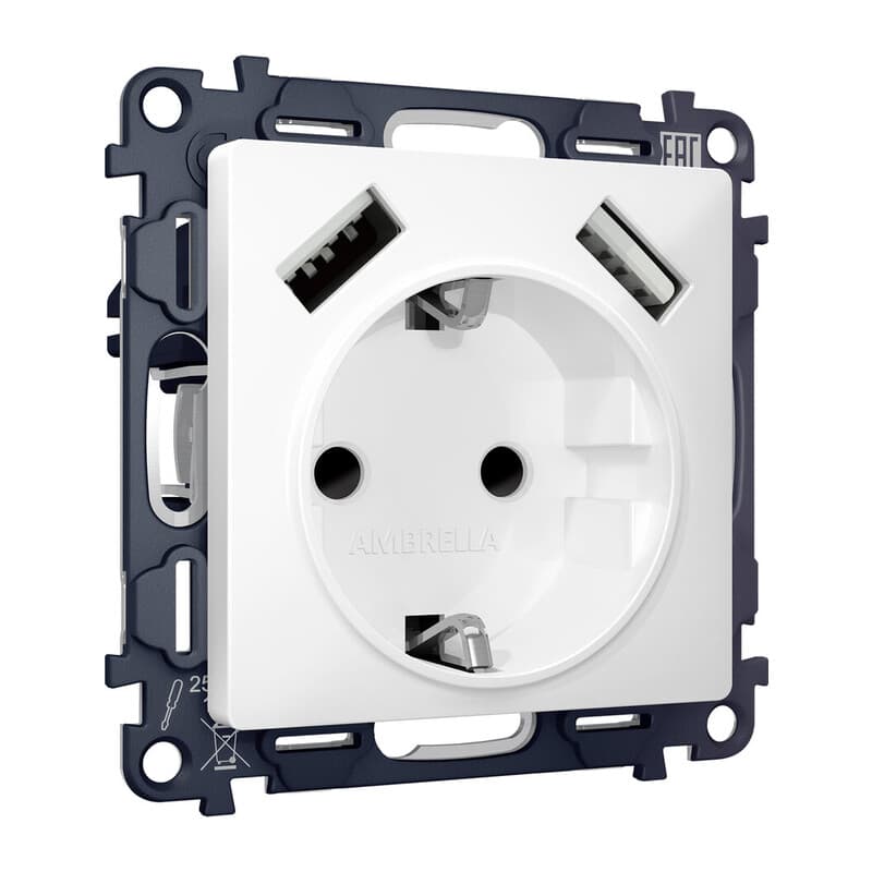 Комплект механизма электрической розетки ALFA Белый матовый 2USB A+A 18W (быстрая зарядка) с/з QUANT (AP1290, VM155)