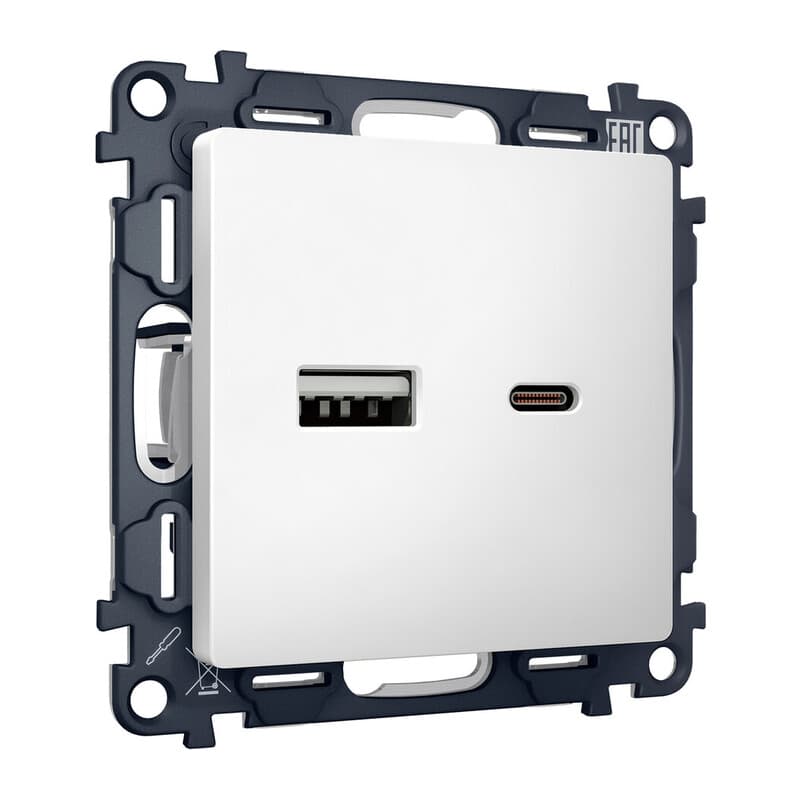 Комплект механизма розетки ALFA Белый матовый 2USB A+C 20W (быстрая зарядка) QUANT (AP1310, VM177)