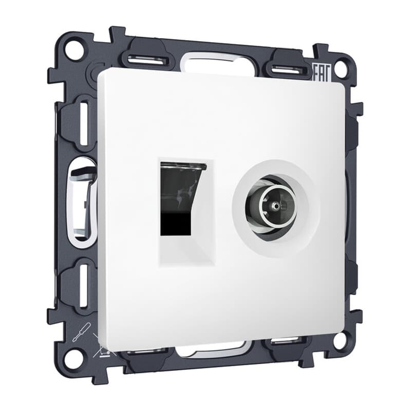 Комплект механизма розетки компьютерной + TV оконечной RJ-45 с автоматической защитной шторкой ALFA Белый матовый QUANT (AP1325, VM195)