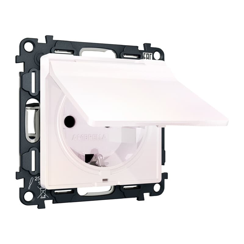 Комплект механизма электрической розетки ALFA Жемчуг с/з с шторками и крышкой IP44 QUANT (AP2080, VM141)