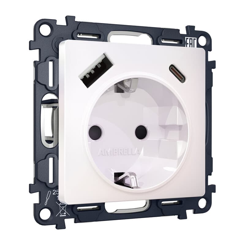 Комплект механизма электрической розетки ALFA Жемчуг 2USB A+C 20W (быстрая зарядка) с/з QUANT (AP2100, VM160)