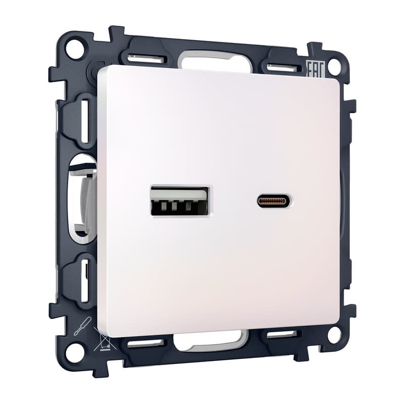 Комплект механизма розетки ALFA Жемчуг 2USB A+C 20W (быстрая зарядка) QUANT (AP2110, VM177)