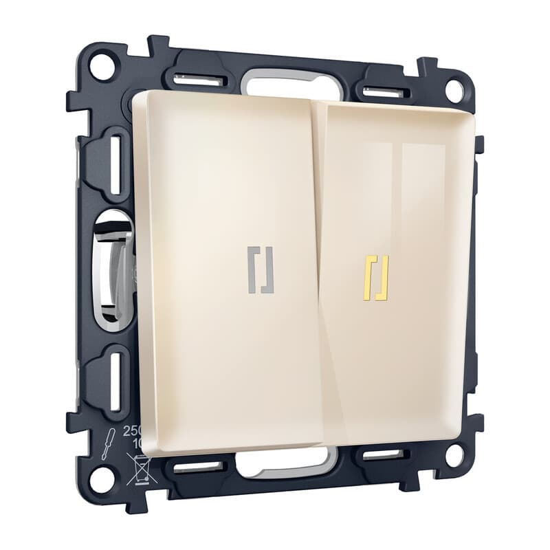 Комплект механизма 2-кл проходного выключателя с подсветкой 3200K ALFA Бежевый глянец QUANT (AP3040, VM120, G22Y)