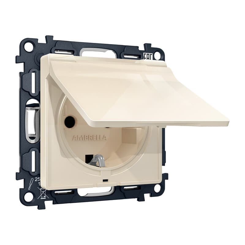Комплект механизма электрической розетки ALFA Бежевый глянец с/з с шторками и крышкой IP44 QUANT (AP3080, VM141)