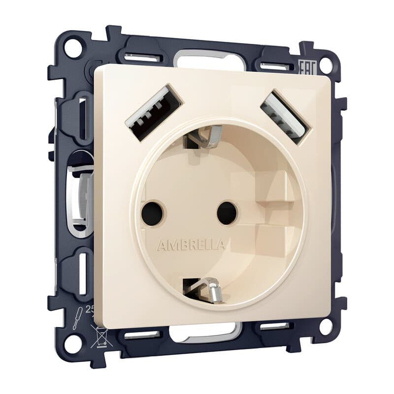 Комплект механизма электрической розетки ALFA Бежевый глянец 2USB A+A 18W (быстрая зарядка) с/з QUANT (AP3090, VM155)