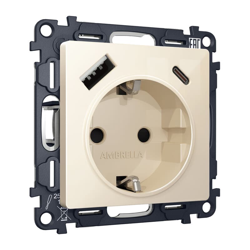 Комплект механизма электрической розетки ALFA Бежевый глянец 2USB A+C 20W (быстрая зарядка) с/з QUANT (AP3100, VM160)