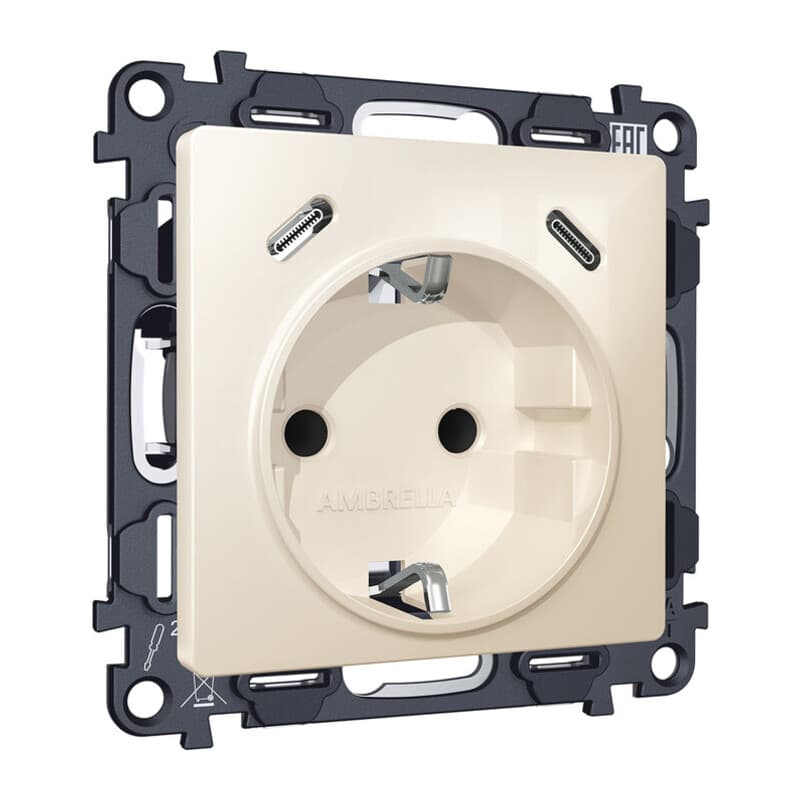Комплект механизма электрической розетки 2USB С+C 20W с/з на винтовых зажимах 16A-250V ALFA Бежевый глянец QUANT (AP3105, VM165)