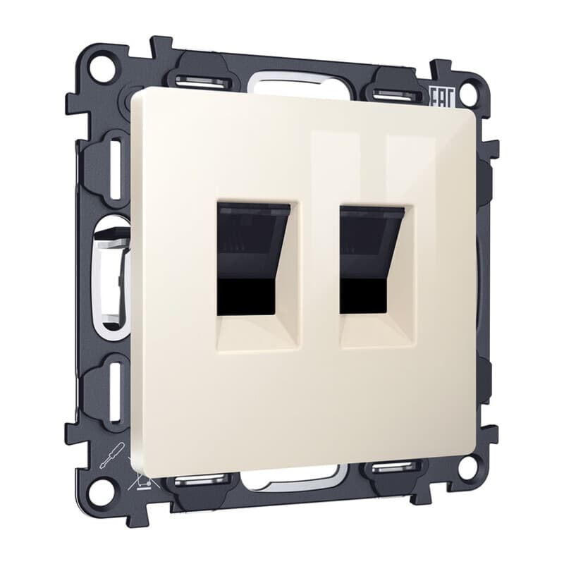 Комплект механизма компьютерной двойной розетки RJ-45 с автоматической защитной шторкой ALFA Бежевый глянец QUANT (AP3121, VM189)