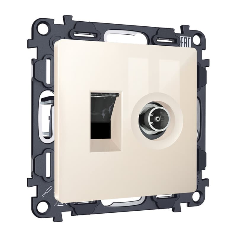 Комплект механизма розетки компьютерной + TV оконечной RJ-45 с автоматической защитной шторкой ALFA Бежевый глянец (AP3125, VM195)