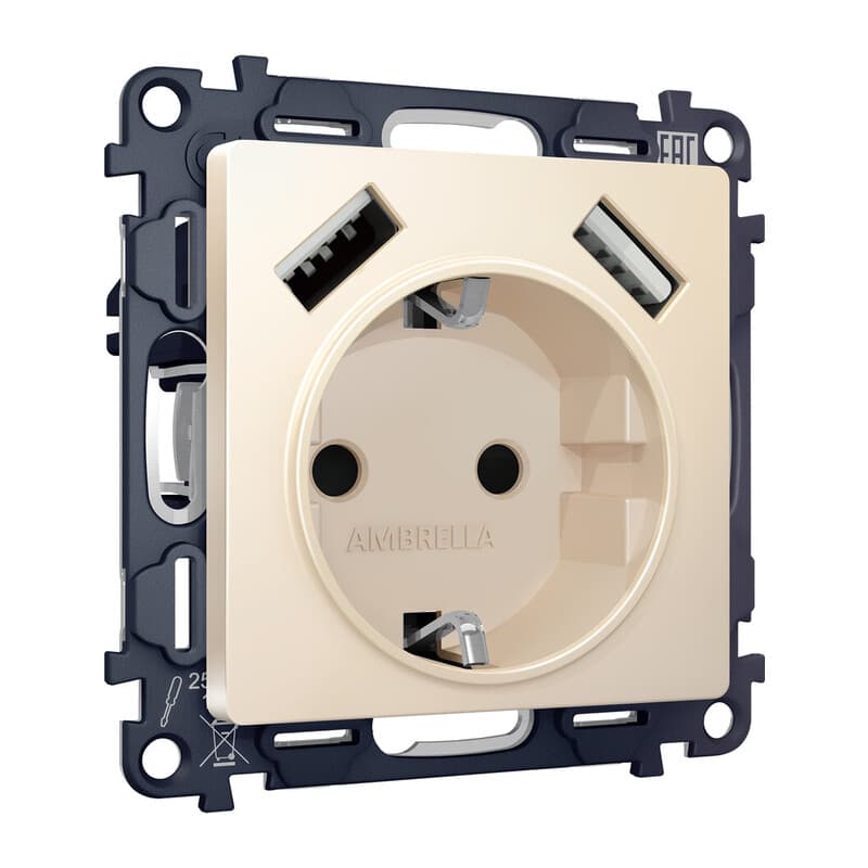 Комплект механизма электрической розетки ALFA Бежевый матовый 2USB A+A 18W (быстрая зарядка) с/з QUANT (AP3290, VM155)