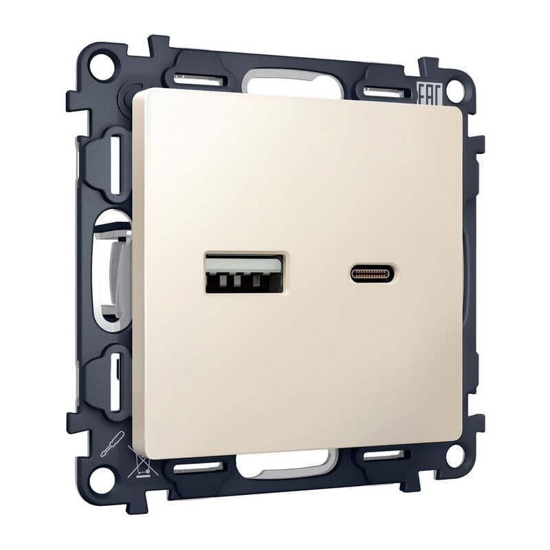 Комплект механизма розетки ALFA Бежевый матовый 2USB A+C 20W (быстрая зарядка) QUANT (AP3310, VM177)