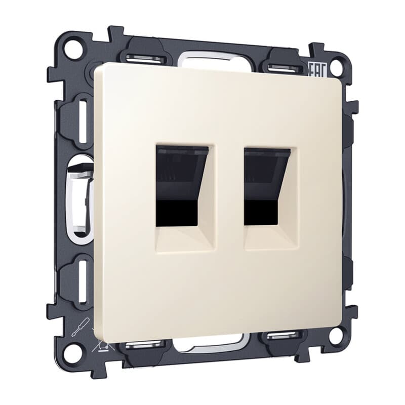 Комплект механизма компьютерной двойной розетки RJ-45 с автоматической защитной шторкой ALFA Бежевый матовый QUANT (AP3321, VM189)