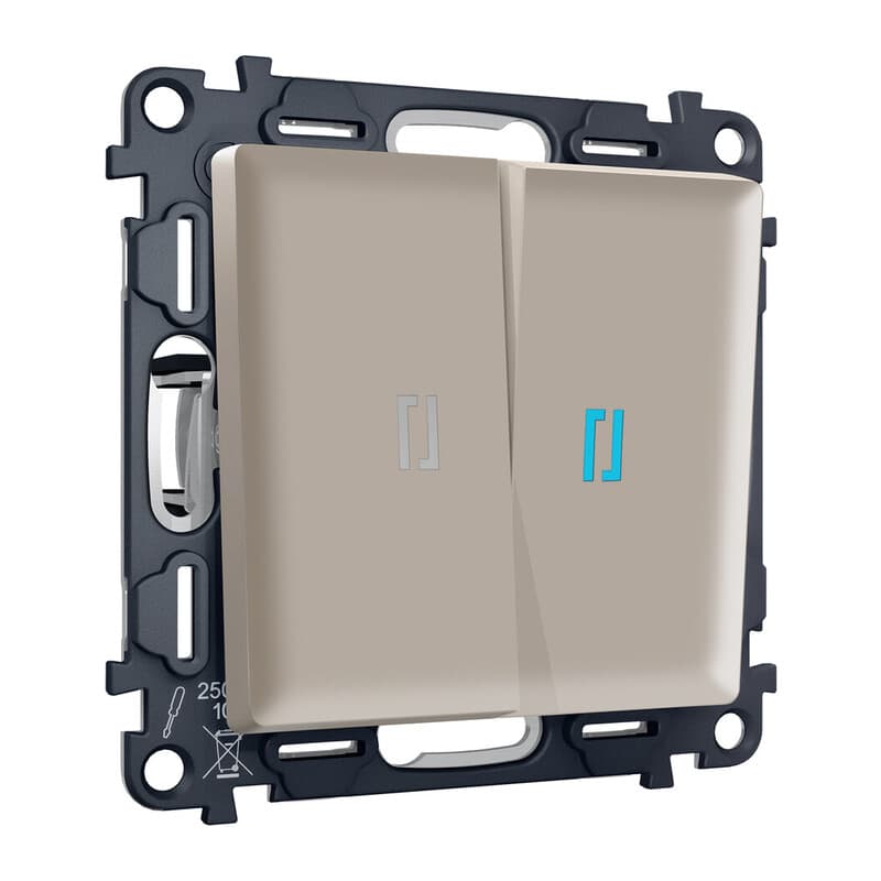 Комплект механизма 2-кл выключателя с самовозвратом с подсветкой 10000K ALFA Серо-бежевый матовый QUANT (AP3640, VM129, G17B)