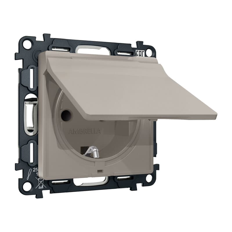 Комплект механизма электрической розетки ALFA Серо-бежевый матовый с/з с шторками и крышкой IP44 QUANT (AP3680, VM141)