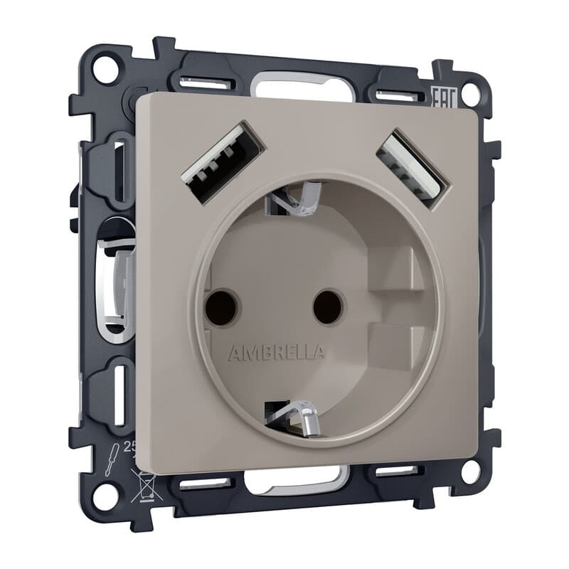 Комплект механизма электрической розетки ALFA Серо-бежевый матовый 2USB A+A 18W (быстрая зарядка) с/з QUANT (AP3690, VM155)