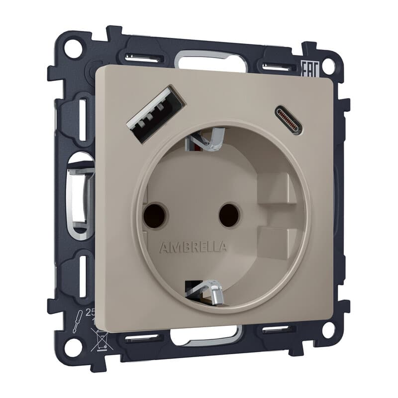 Комплект механизма электрической розетки ALFA Серо-бежевый матовый 2USB A+C 20W (быстрая зарядка) с/з QUANT (AP3700, VM160)