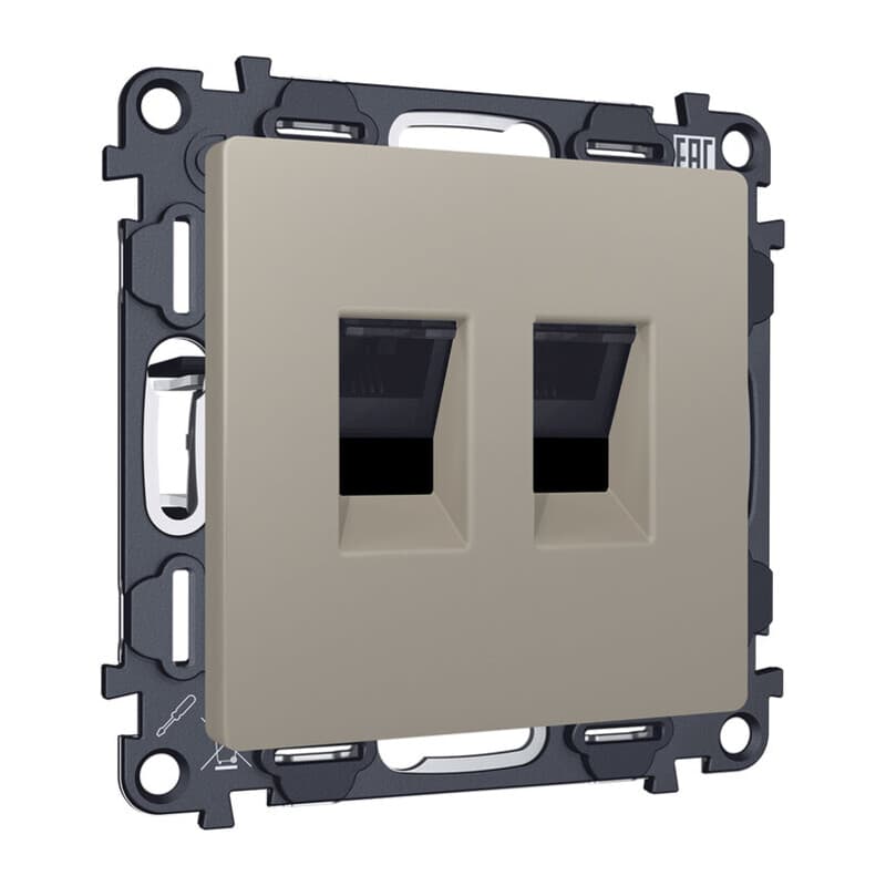 Комплект механизма компьютерной двойной розетки RJ-45 с автоматической защитной шторкой ALFA Серо-бежевый матовый QUANT (AP3721, VM189)