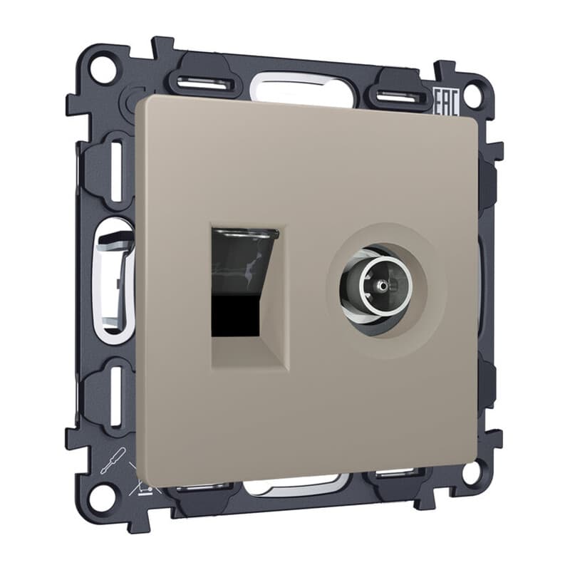Комплект механизма розетки компьютерной + TV оконечной RJ-45 с автоматической защитной шторкой ALFA Серо-бежевый матовый (AP3725, VM195)