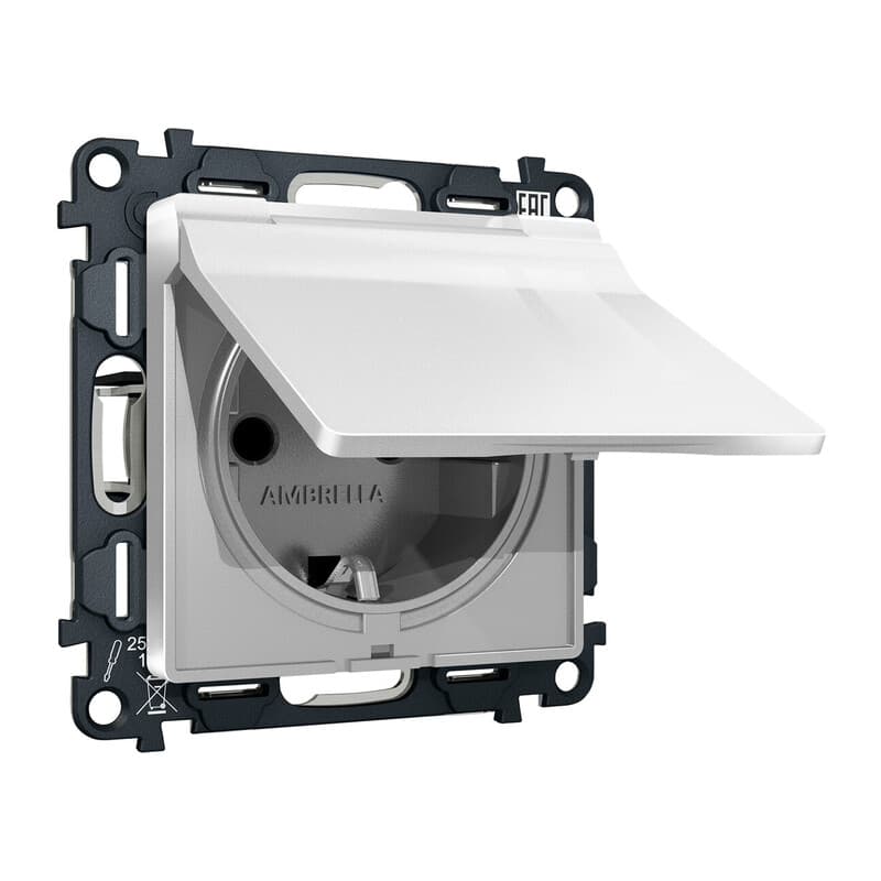 Комплект механизма электрической розетки ALFA Серебро глянец с/з с шторками и крышкой IP44 QUANT (AP4080, VM141)