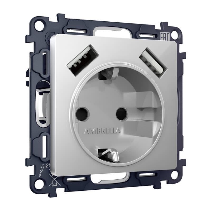 Комплект механизма электрической розетки ALFA Серебро глянец 2USB A+A 18W (быстрая зарядка) с/з QUANT (AP4090, VM155)