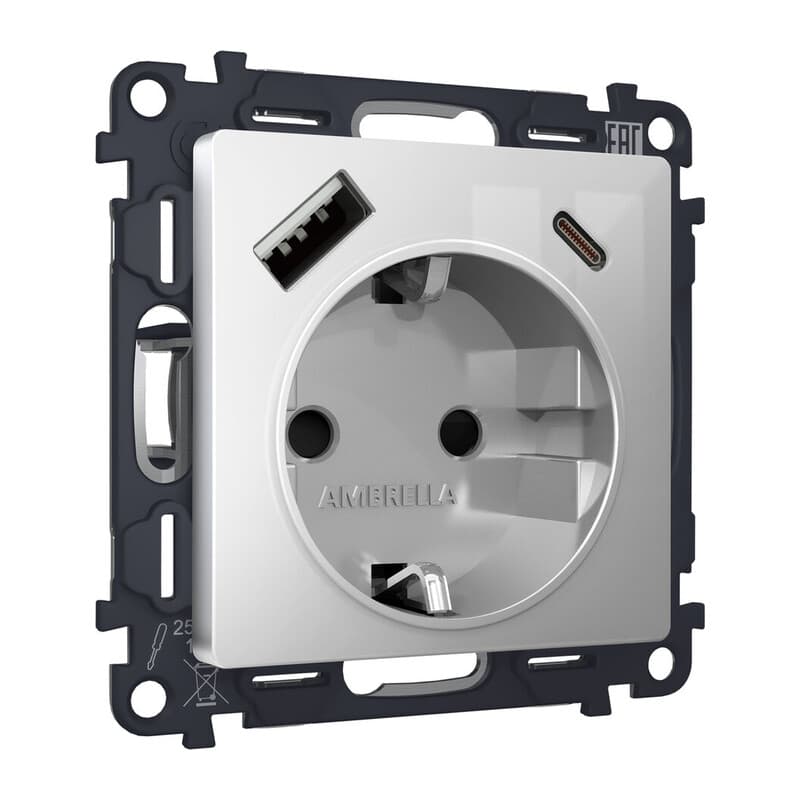 Комплект механизма электрической розетки ALFA Серебро глянец 2USB A+C 20W (быстрая зарядка) с/з QUANT (AP4100, VM160)