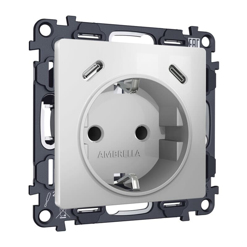 Комплект механизма электрической розетки 2USB С+C 20W с/з на винтовых зажимах 16A-250V ALFA Серебро глянец QUANT (AP4105, VM165)