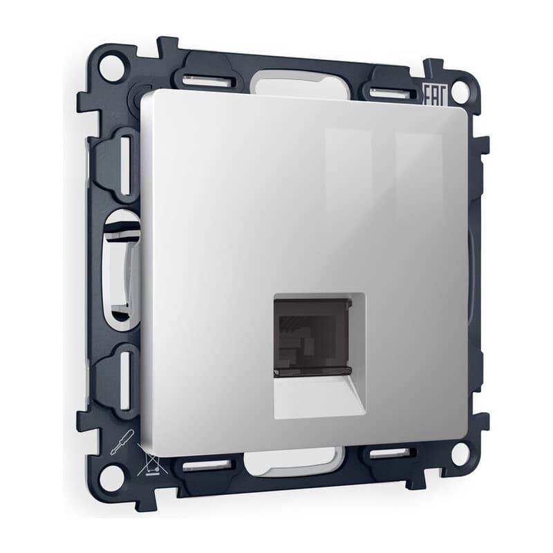 Комплект механизма компьютерной розетки RJ-45 экранированной с автоматической защитной шторкой ALFA Серебро глянец QUANT (AP4120, VM185)