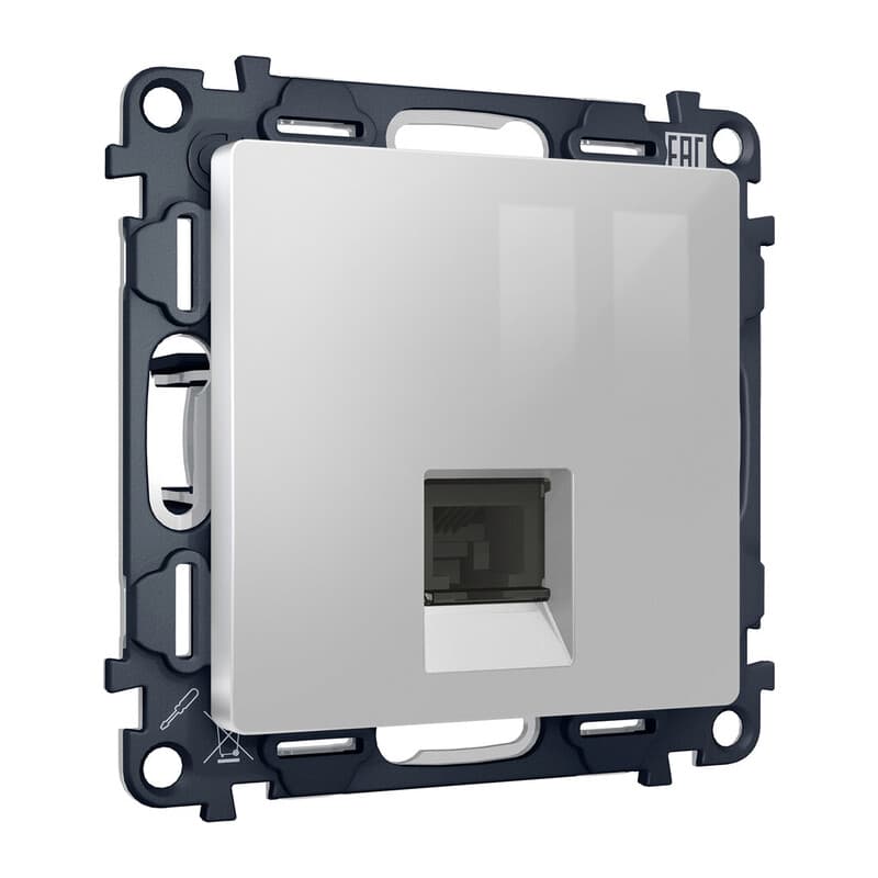 Комплект механизма компьютерной розетки ALFA Серебро глянец RJ-45(8P8C) CAT6 с шторкой QUANT (AP4120, VM188)