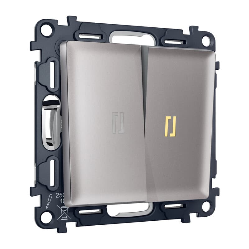 Комплект механизма 2-кл выключателя с подсветкой 3200K ALFA Сталь матовый QUANT (AP5040, VM115, G11Y)