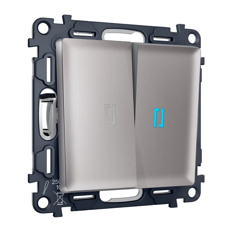 Комплект механизма 2-кл проходного выключателя с подсветкой 10000K ALFA Сталь матовый QUANT (AP5040, VM120, G29B)