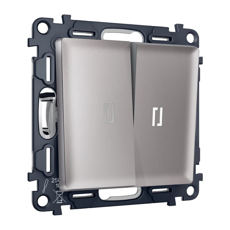 Комплект механизма 2-кл выключателя с самовозвратом с подсветкой 5600K ALFA Сталь матовый QUANT (AP5040, VM129, G14W)