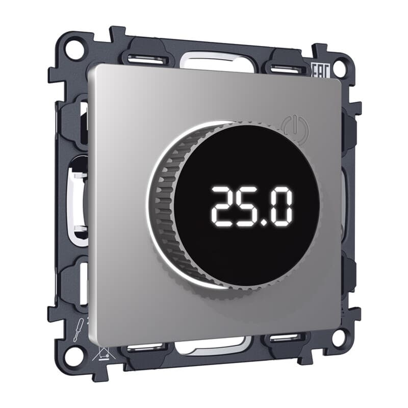 Комплект механизма терморегулятора с цифровым дисплеем с подсветкой и датчиком для теплого пола ALFA Сталь матовый QUANT (AP5058, VM1385)