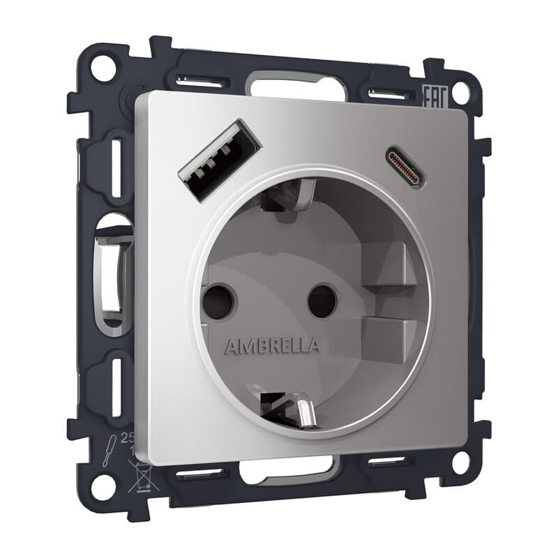 Комплект механизма электрической розетки ALFA Сталь матовый 2USB A+C 20W (быстрая зарядка) с/з QUANT (AP5100, VM160)