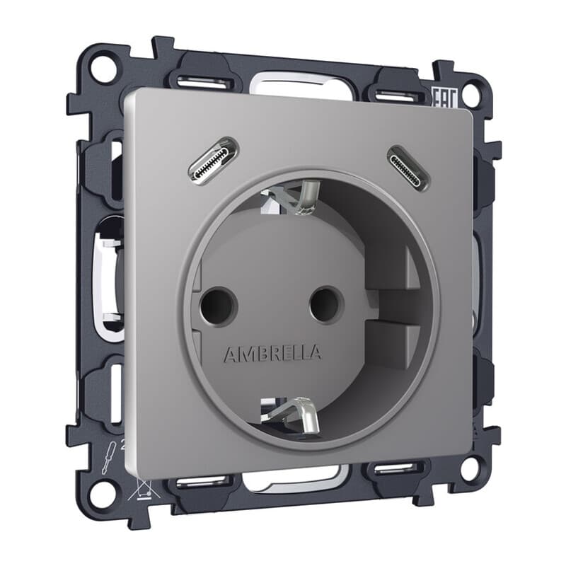 Комплект механизма электрической розетки 2USB С+C 20W с/з на винтовых зажимах 16A-250V ALFA Сталь матовый QUANT (AP5105, VM165)