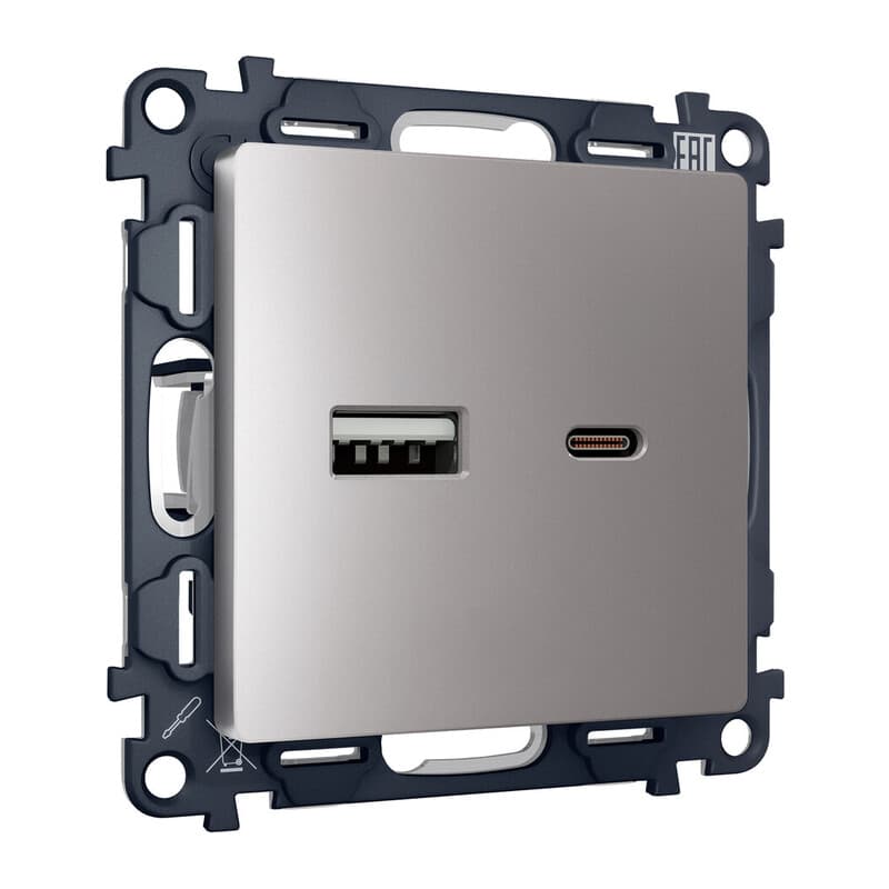 Комплект механизма розетки ALFA Сталь матовый 2USB A+C 20W (быстрая зарядка) QUANT (AP5110, VM177)