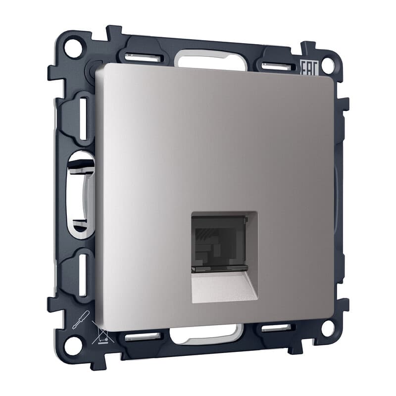 Комплект механизма телефонной розетки ALFA Сталь матовый RJ-11(4P4C) с шторкой QUANT (AP5120, VM190)