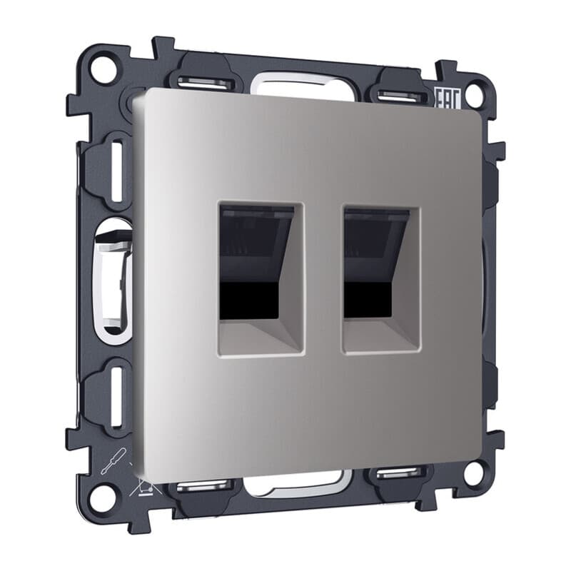 Комплект механизма компьютерной двойной розетки RJ-45 (8P8C) CAT6 с автоматической защитной шторкой ALFA Сталь матовый QUANT (AP5121, VM189)