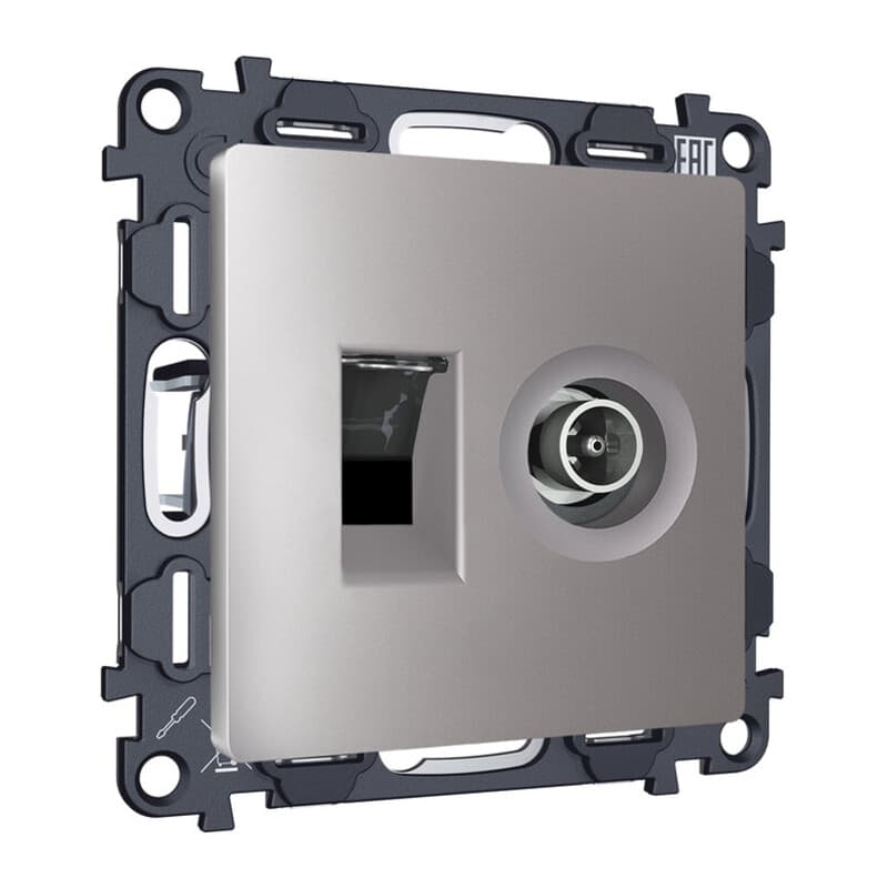 Комплект механизма розетки компьютерной + TV оконечной RJ-45 с автоматической защитной шторкой ALFA Сталь матовый QUANT (AP5125, VM195)