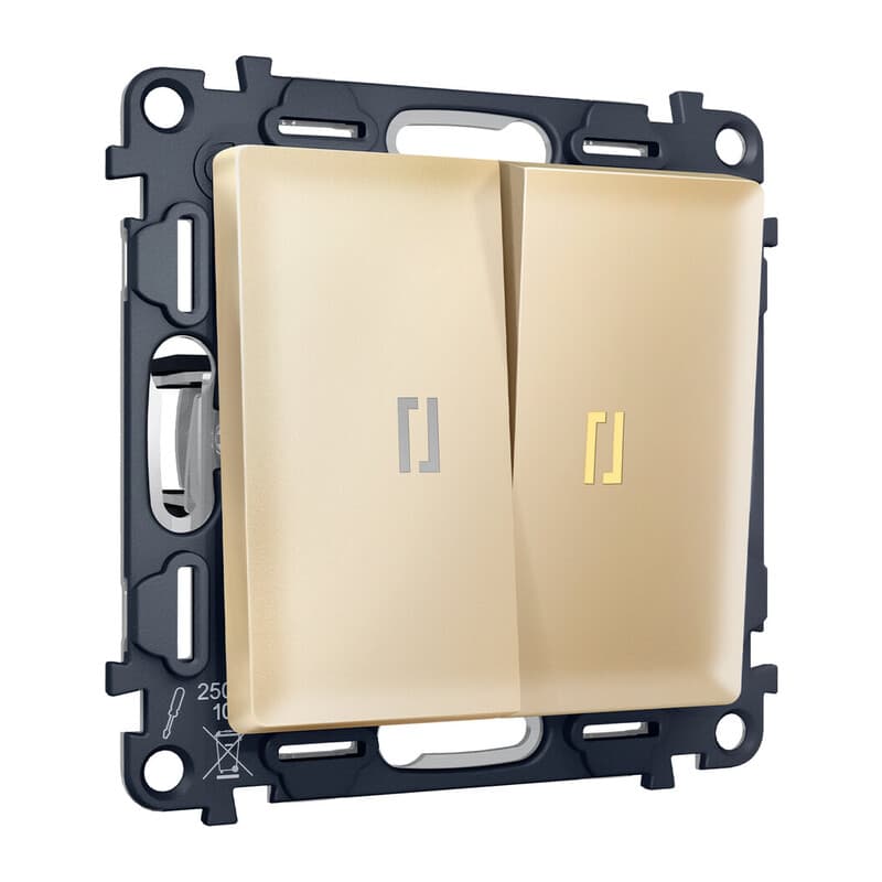 Комплект механизма 2-кл проходного выключателя с подсветкой 3200K ALFA Шампань QUANT (AP6040, VM120, G22Y)