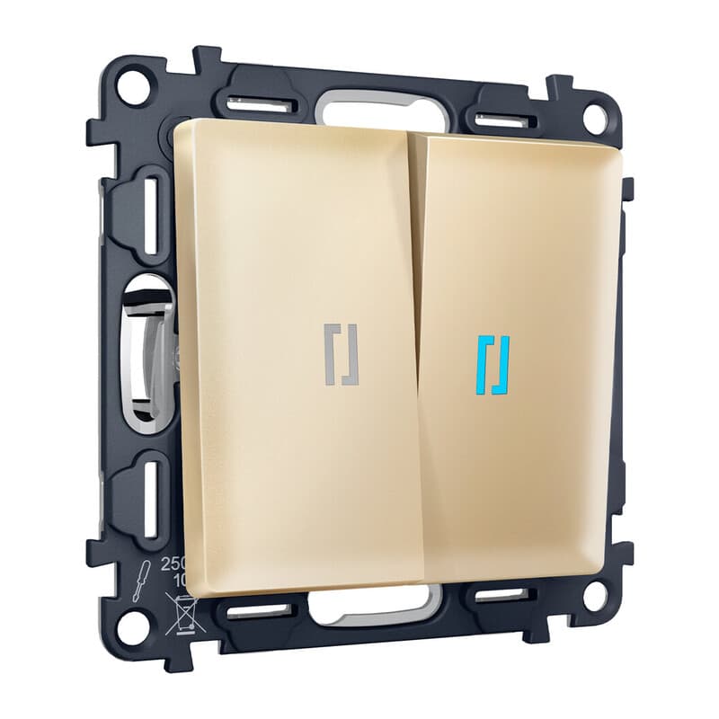 Комплект механизма 2-кл проходного выключателя с подсветкой 10000K ALFA Шампань QUANT (AP6040, VM120, G29B)