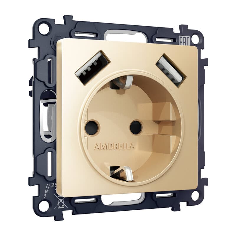 Комплект механизма электрической розетки ALFA Шампань 2USB A+A 18W (быстрая зарядка) с/з QUANT (AP6090, VM155)