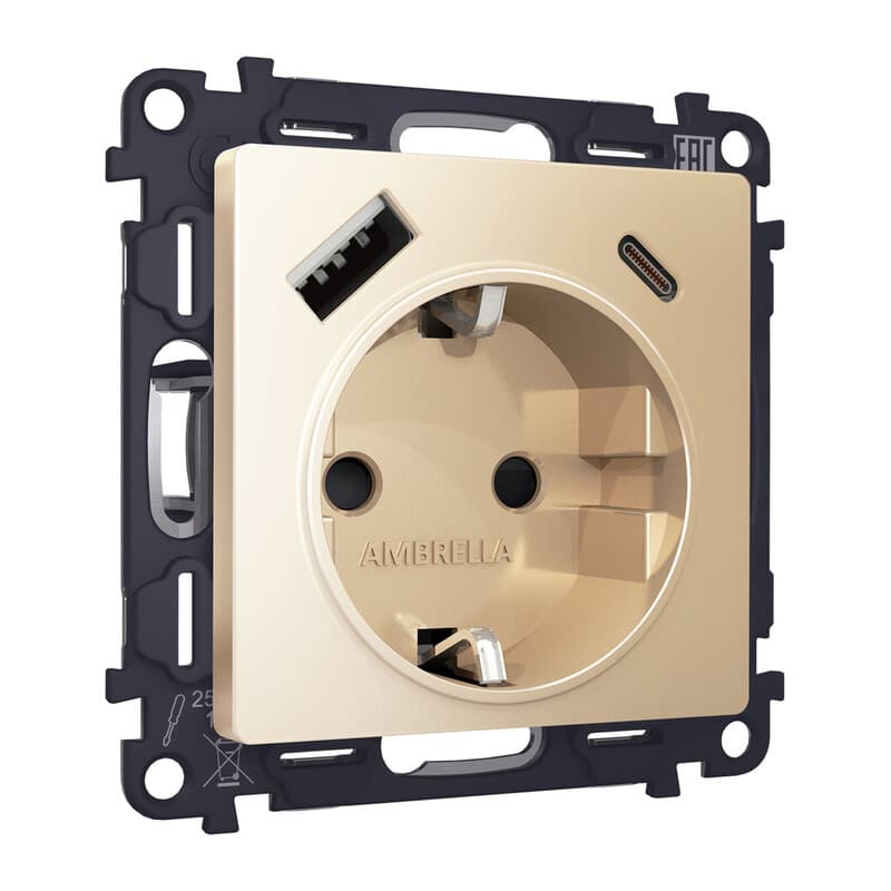 Комплект механизма электрической розетки ALFA Шампань 2USB A+C 20W (быстрая зарядка) с/з QUANT (AP6100, VM160)