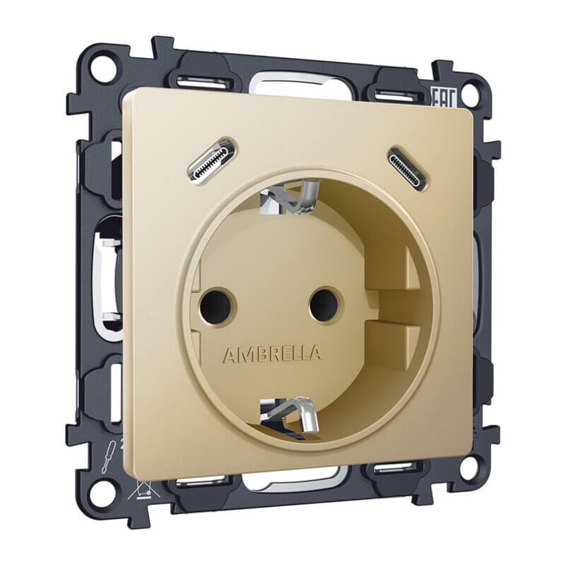 Комплект механизма электрической розетки 2USB С+C 20W (быстрая зарядка) с/з на винтовых зажимах 16A-250V ALFA Шампань QUANT (AP6105, VM165)