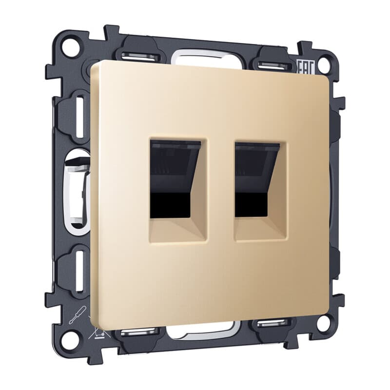 Комплект механизма компьютерной двойной розетки RJ-45 (8P8C) CAT6 с автоматической защитной шторкой ALFA Шампань QUANT (AP6121, VM189)