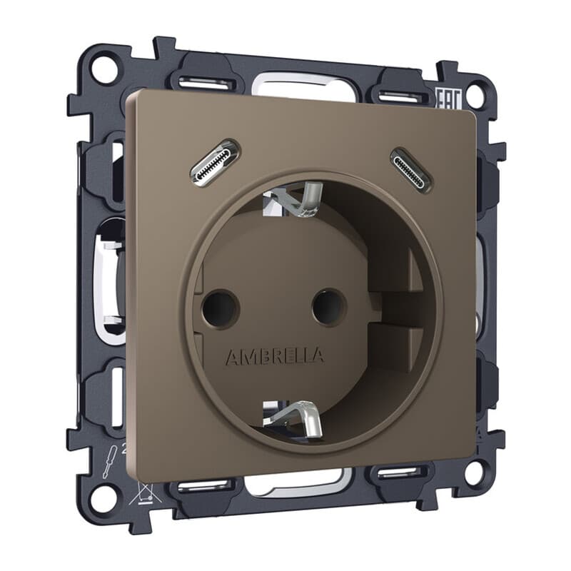 Комплект механизма электрической розетки 2USB С+C 20W с/з на винтовых зажимах 16A-250V ALFA Темная бронза матовый QUANT (AP6405, VM165)